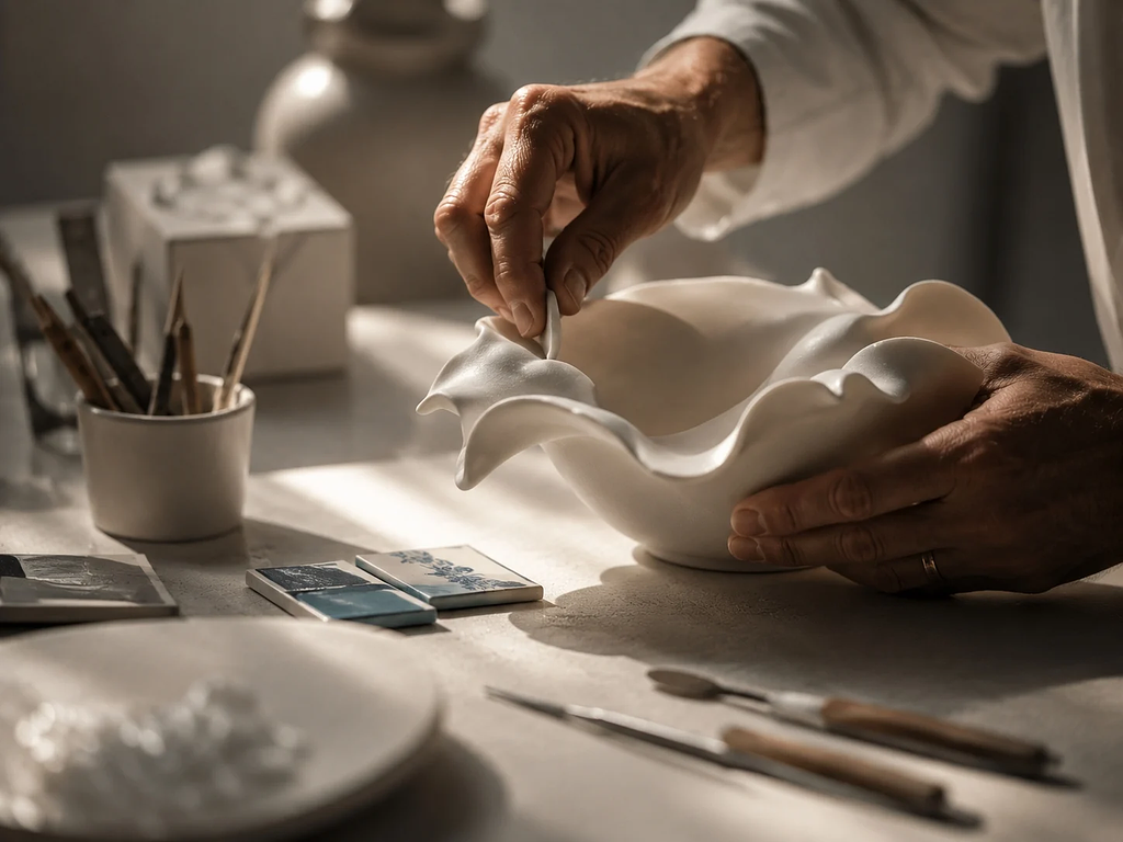 Close-up editorial photograph of a master ceramic artist shaping a contemporary porcelain object in a refined studio environment. Only the hands and working surface are visible. Delicate porcelain form in progress, surrounded by a small selection of precision tools, material studies, glaze samples, and sculptural fragments. Every gesture conveys expertise, patience, and years of practice. Warm directional studio light creates dramatic highlights across the porcelain surface, revealing subtle textures, curves, and craftsmanship. The atmosphere feels quiet, intentional, and highly sophisticated. Contemporary rather than rustic. Artistic rather than decorative. The studio environment is minimal and elevated, with neutral surfaces, carefully arranged materials, and museum-quality attention to detail. Inspired by Royal Copenhagen artist collaborations, KPM Berlin master workshops, contemporary ceramic sculpture, and luxury craft institutions where artistry and cultural value intersect. Premium editorial photography, shallow depth of field, tactile realism, rich material detail, refined colour palette, cinematic composition. The image should feel like it belongs in Wallpaper*, Financial Times How To Spend It, or a contemporary art publication. No faces visible. No pottery-wheel clichés. No rustic workshop aesthetic. No craft fair feeling. No excessive tools. No messy studio. No folk-art references. No hobbyist atmosphere. Focus on mastery, cultural value, artistic authorship, and exceptional material expertise. Aspect ratio 4:3. Close crop. Luxury editorial quality.