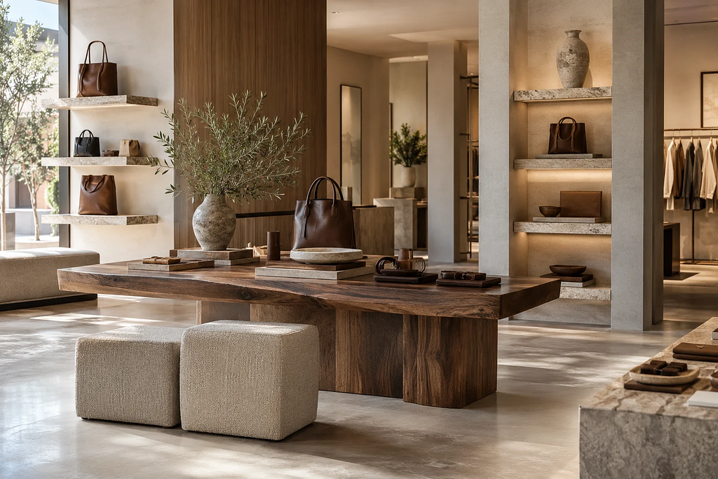 Minimalist luxury retail interior with artisanal design details
