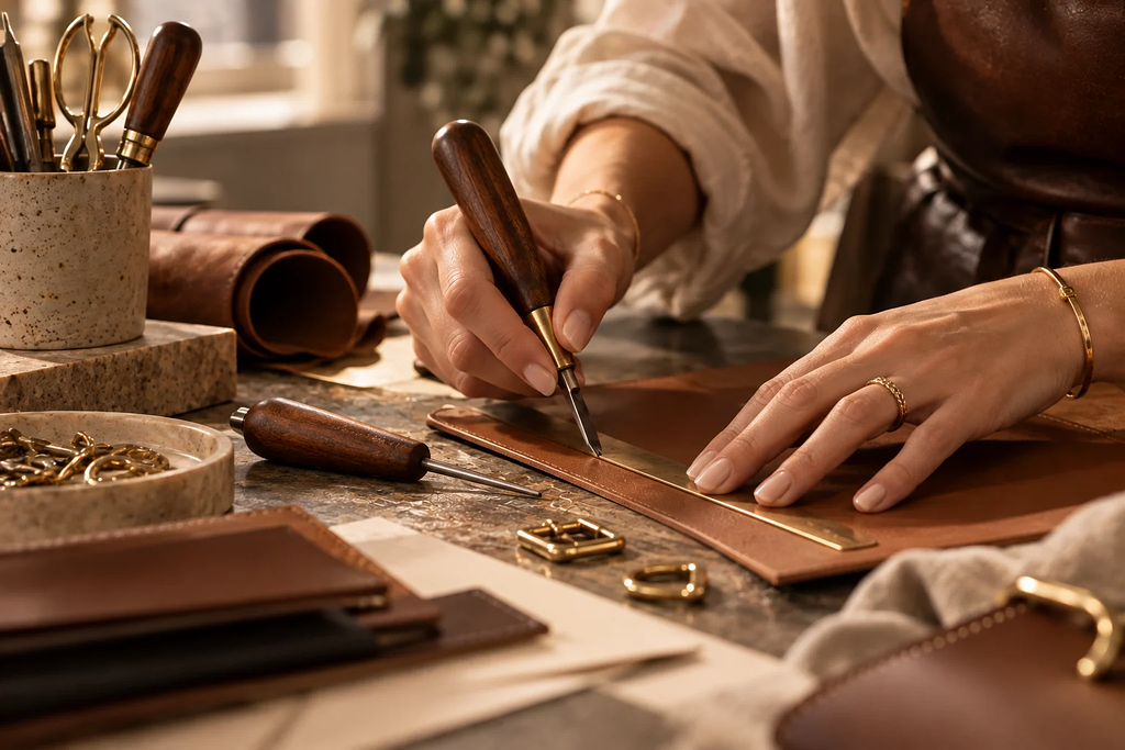 Artisan hands crafting leather goods, representing luxury brand craftsmanship
