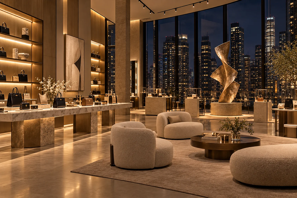 Luxury store interior featuring an integrated contemporary art installation
