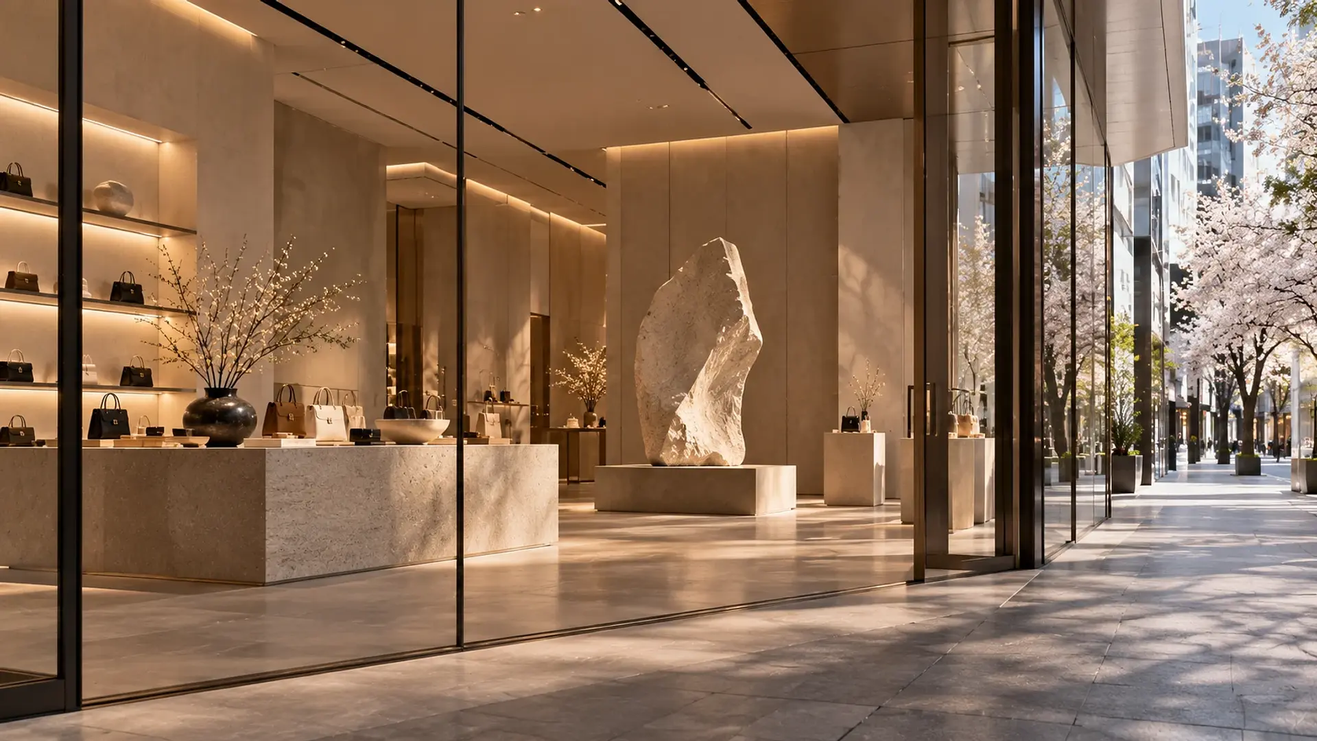 Minimalist luxury retail space with contemporary art installation, illustrating art washing versus genuine cultural alignment