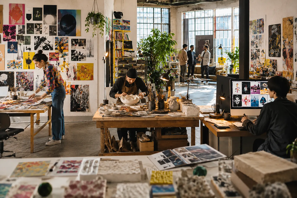 Multi-disciplinary cultural collaboration — artist, artisan, and cultural innovator working together on a brand project