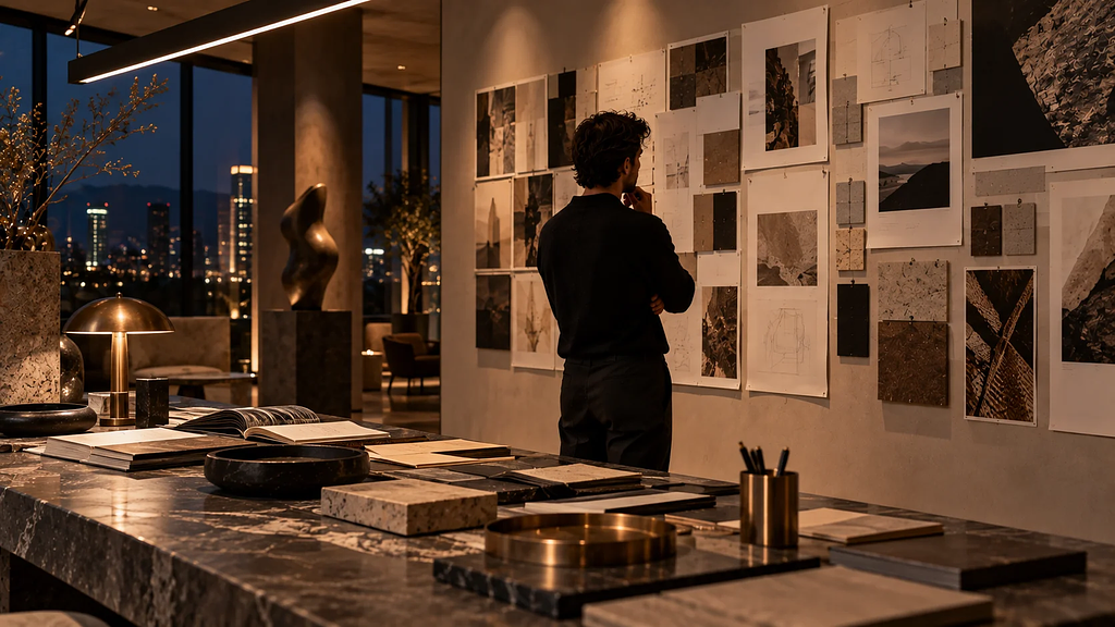 Strategist reviewing a brand authenticity framework in a studio setting