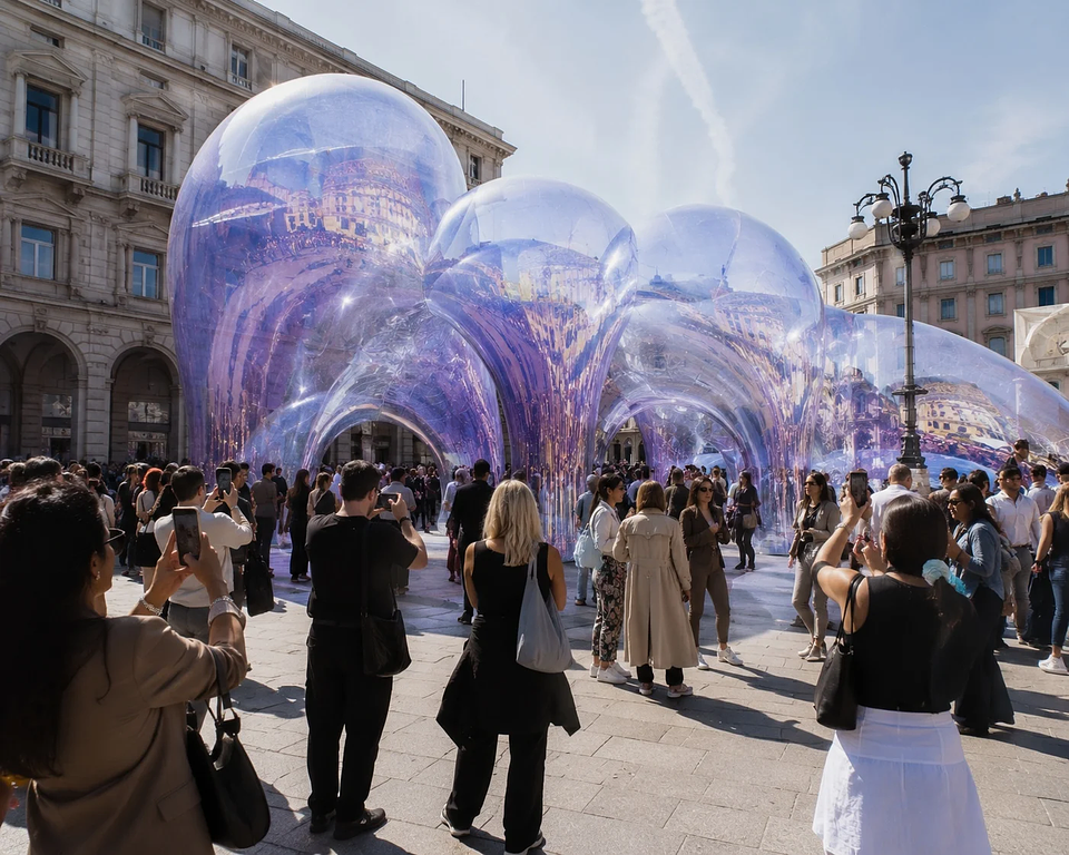 Crowd gathered around a large-scale art installation at a brand activation in a European city