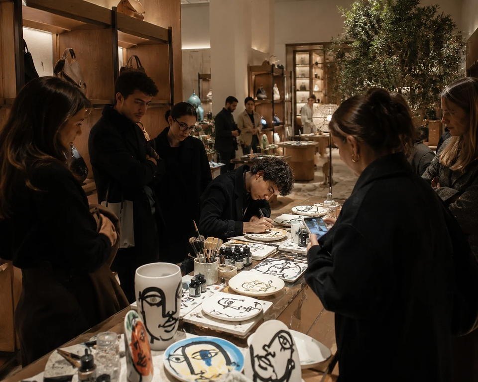 Live art activation inside a premium retail store with artist and customers