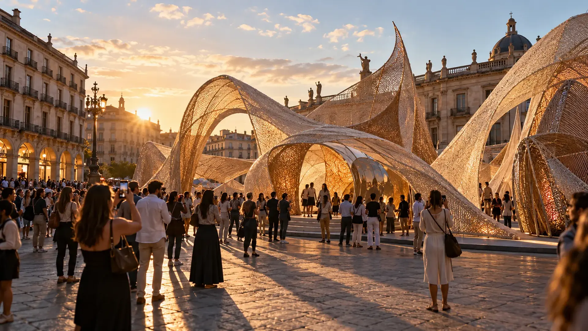 Crowd gathered around a large-scale art installation at a cultural brand activation in a European city plaza