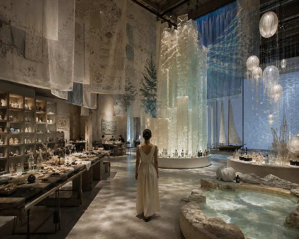 Interior of an immersive brand environment with rich materials and directional lighting