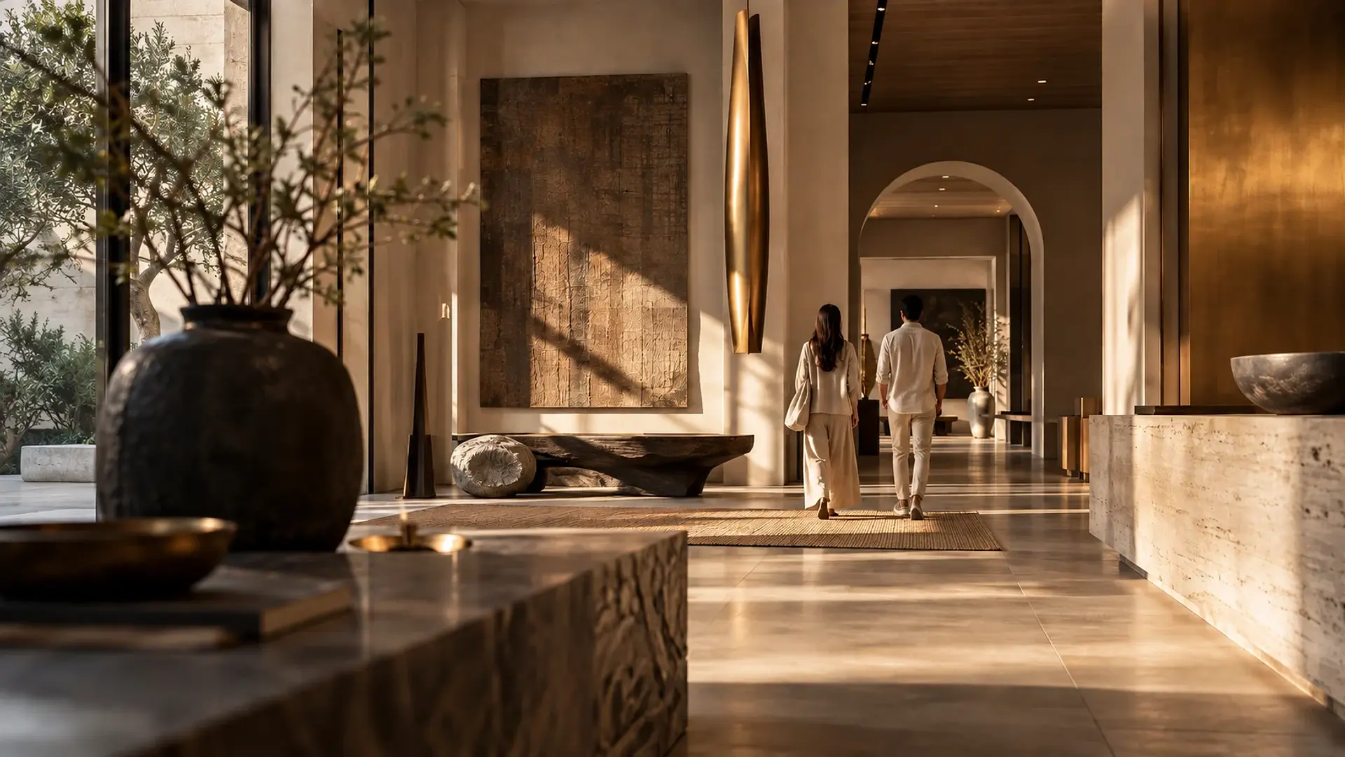 Interior of an immersive brand environment with warm materials, directional lighting and architectural depth