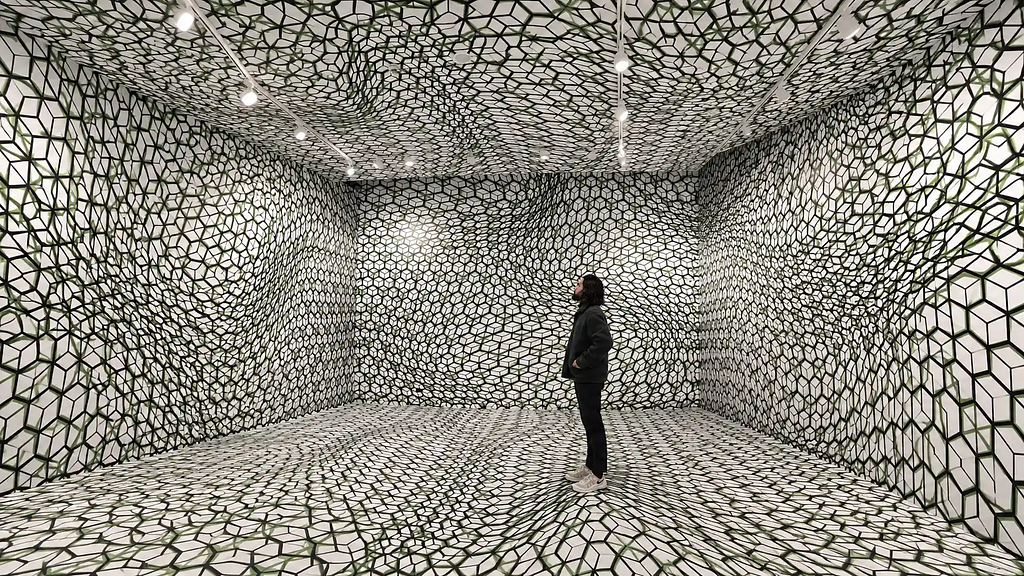 Man viewing an immersive art installation with black, white, and green geometric patterns covering the walls, floor, and ceiling.