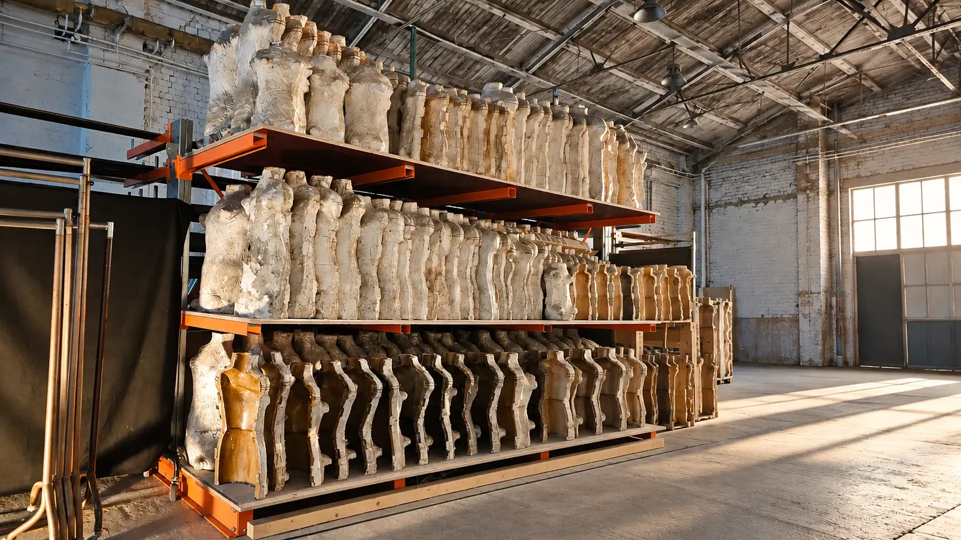 Artist atelier with rows of handcrafted plaster torso forms arranged on industrial shelving