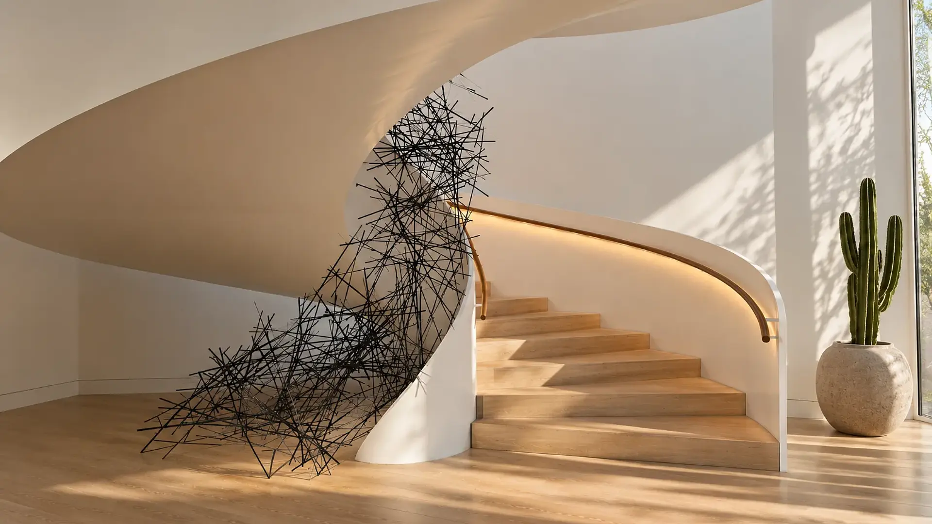 Contemporary cultural installation integrated into a minimalist architectural space with a sculptural staircase and cactus, representing long-term brand investment and cultural value.