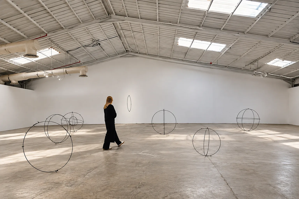Person walking through a minimalist contemporary art installation in an industrial gallery