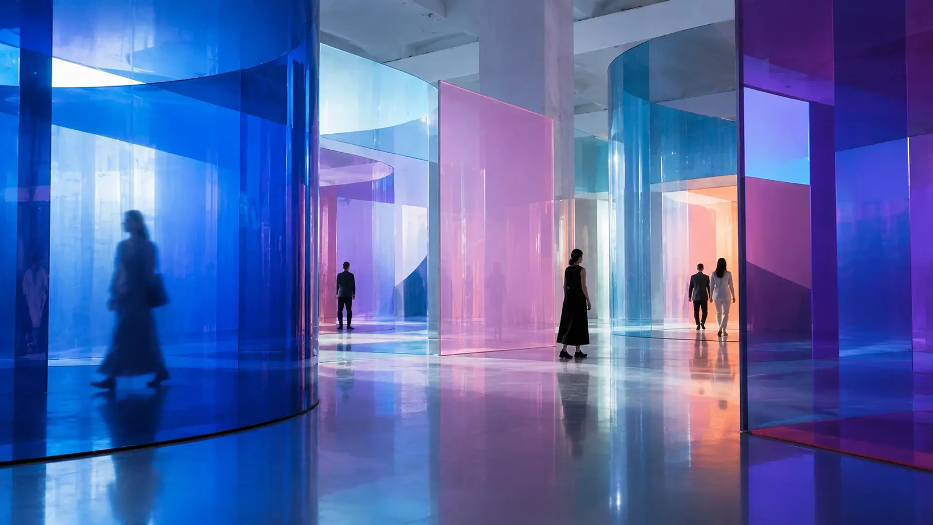 Interior of an immersive brand environment with warm materials, directional lighting and architectural depth