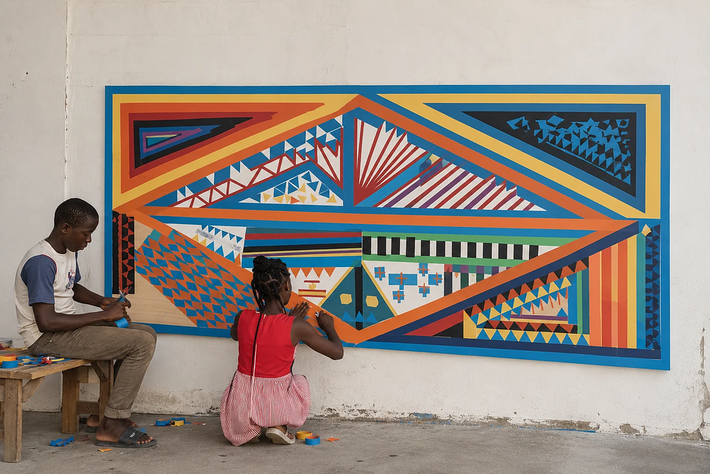 Artists collaborating on a colorful geometric mural, illustrating the shared creative process behind meaningful cultural collaborations.