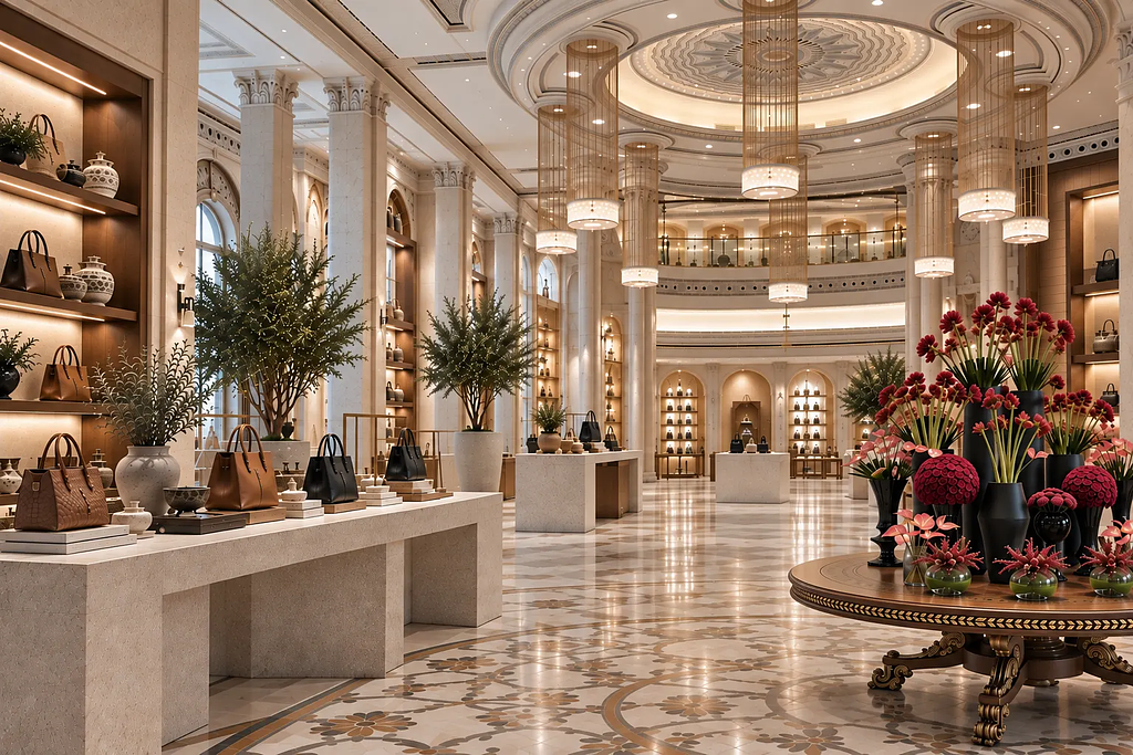 Luxury retail interior featuring handcrafted products, artisanal displays, and a culturally designed shopping environment.