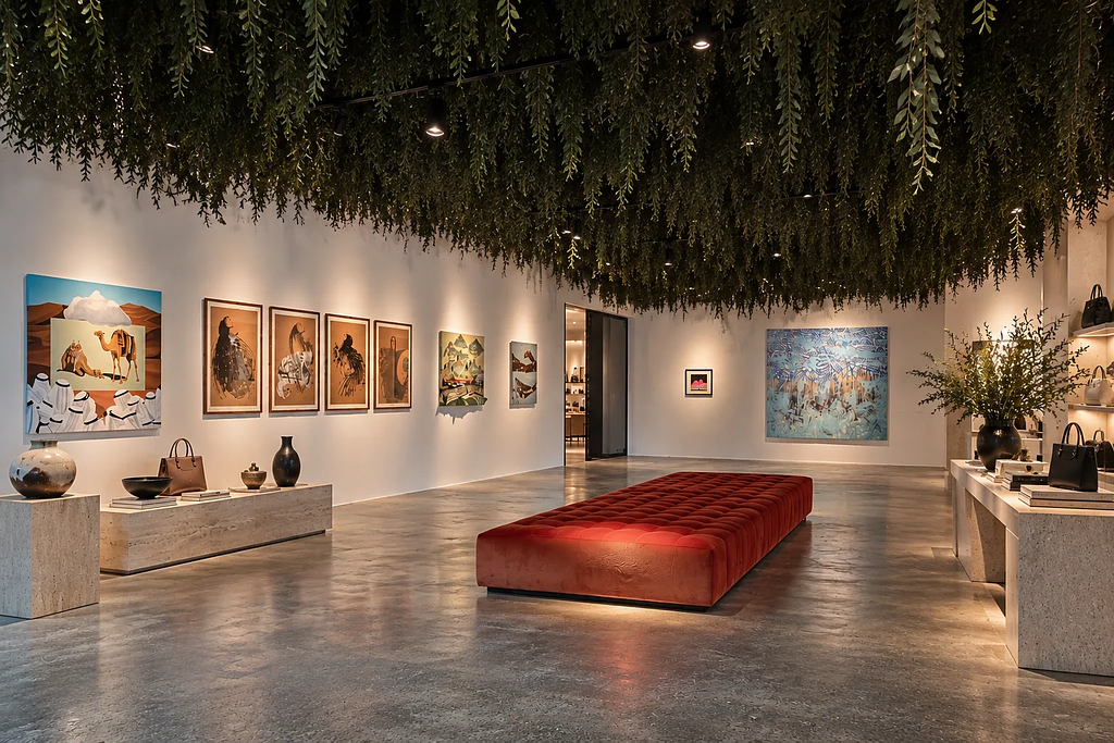 A luxury retail space combines contemporary artworks, curated products, sculptural displays, and a red seating area beneath a canopy of greenery.