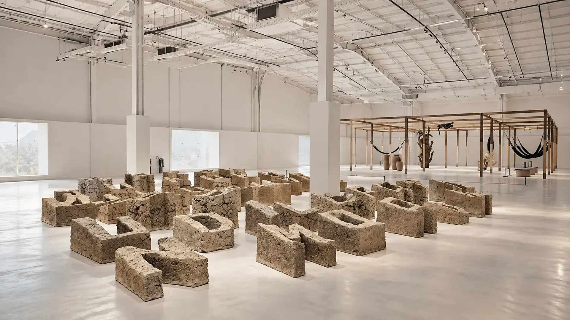 Contemporary gallery installation featuring earth-toned handcrafted structures, illustrating sustainable brand building through cultural depth and material longevity