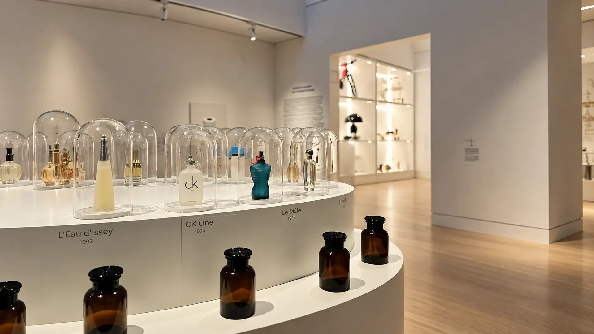 In-store brand display featuring curated perfume bottles under glass domes in a contemporary gallery, connecting retail display design with cultural storytelling