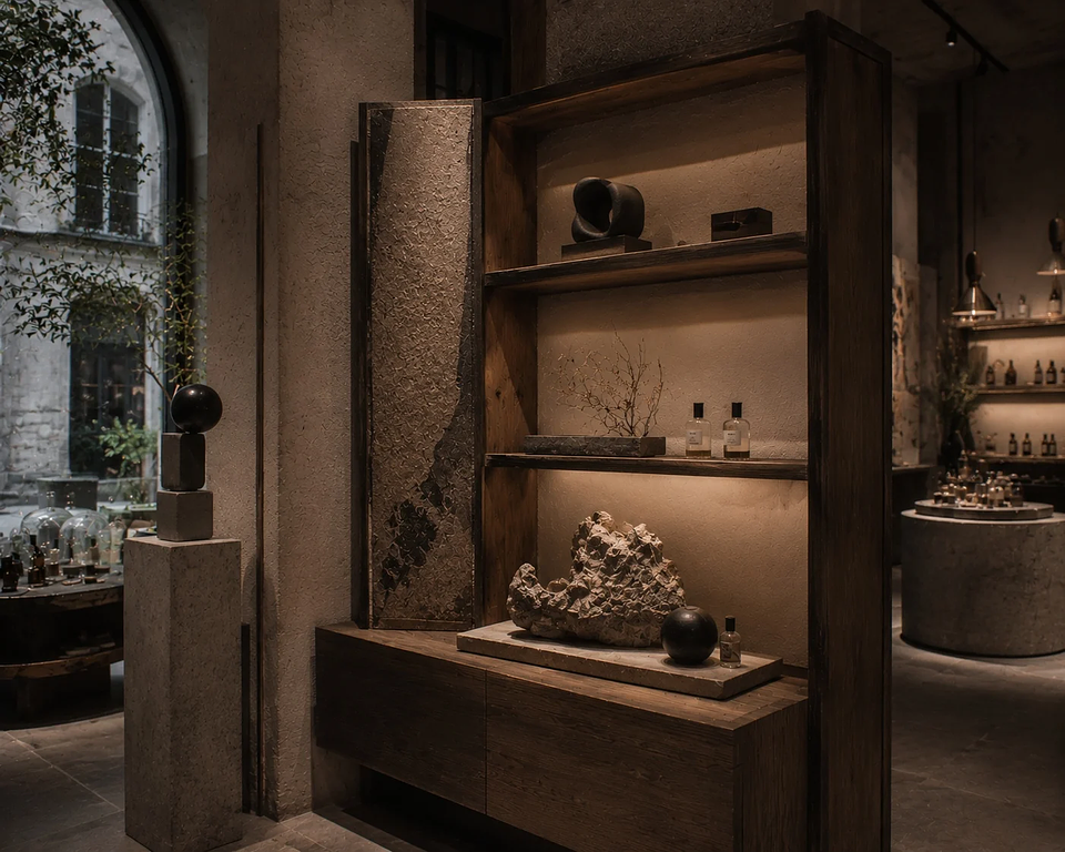 artisan-crafted in-store brand display using natural materials in a luxury retail environment
