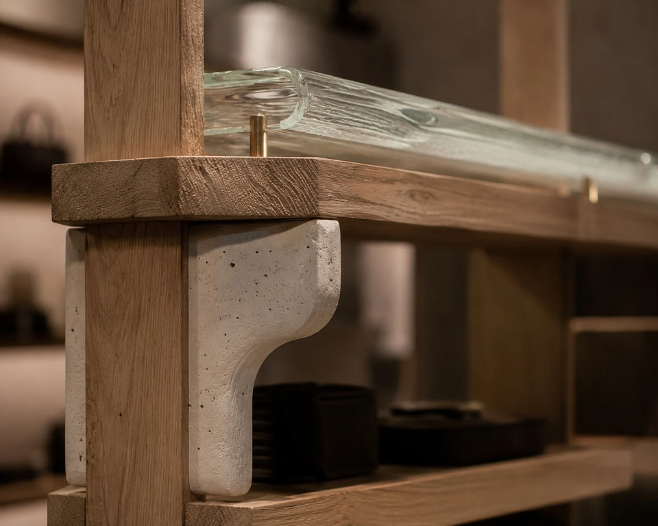 Handcrafted retail display fixture showing artisan joinery and material detail in a luxury boutique