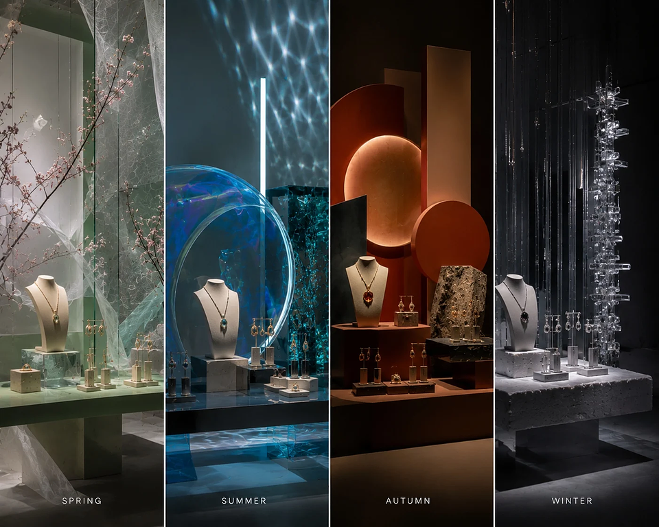 three seasonal in-store brand display installations showing evolving cultural direction across a retail year