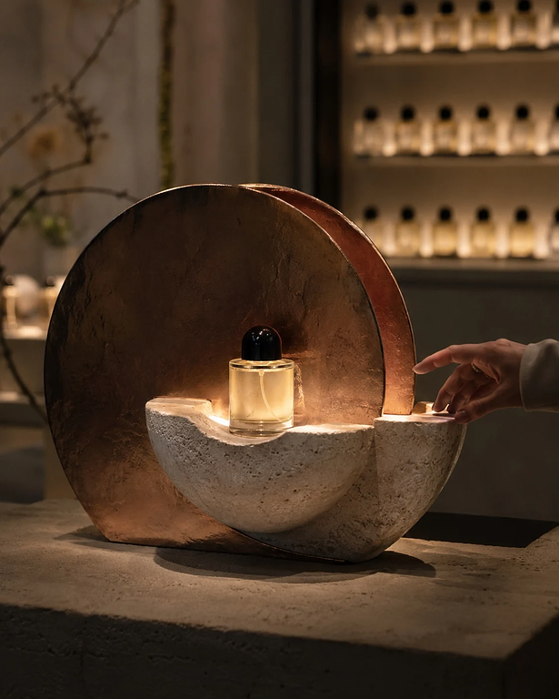 premium in-store brand display with artisan-crafted components at a fragrance counter, customer reaching for product