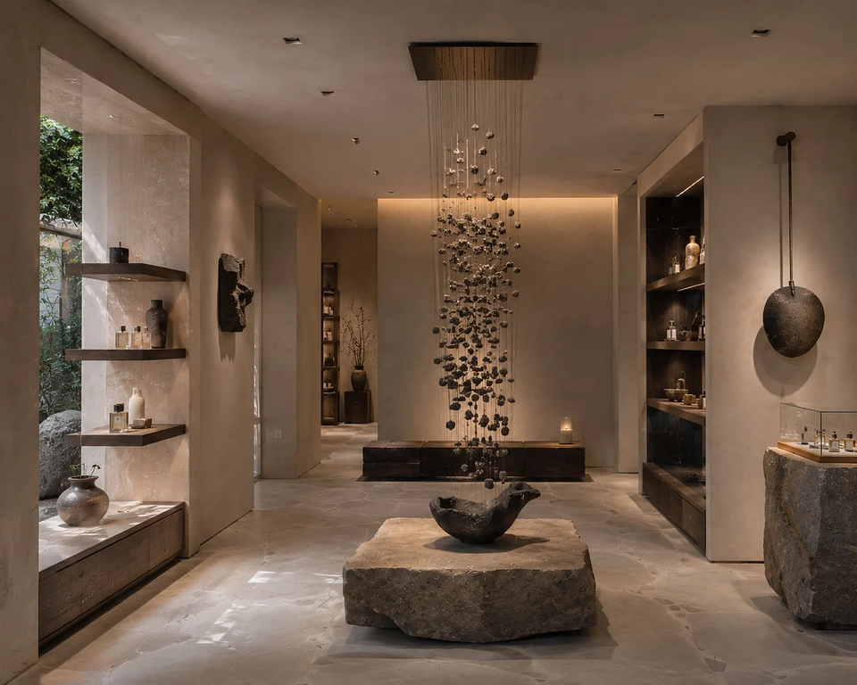 Luxury retail interior combining artisan materials and commissioned artworks to create a cultural retail environment