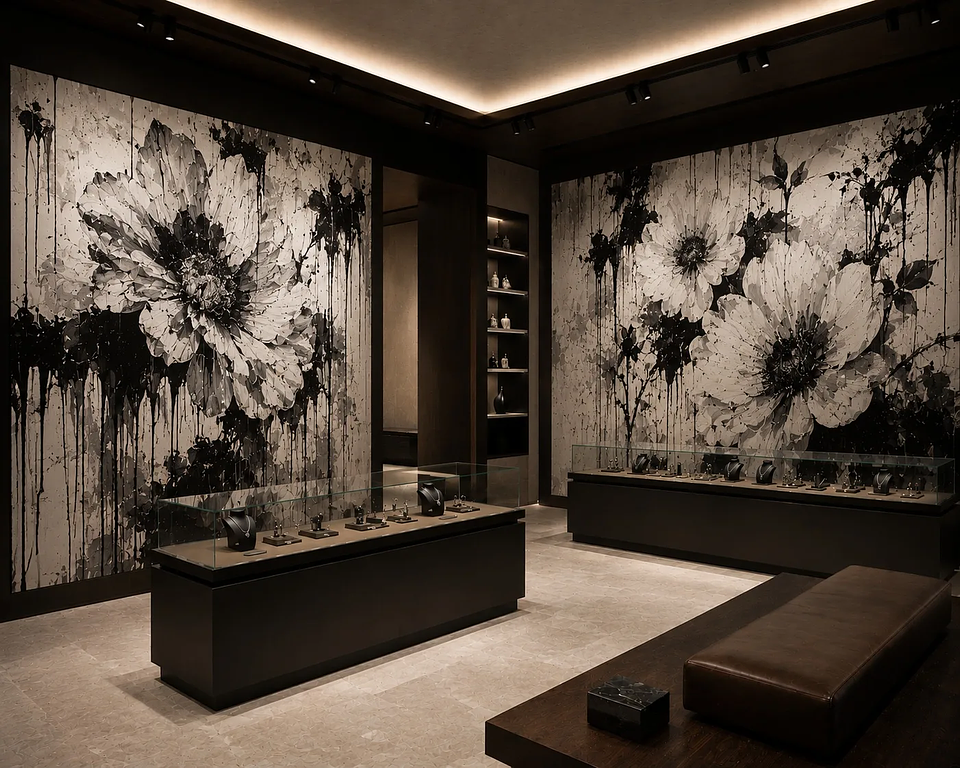 Multiple commissioned artworks in a luxury retail interior creating cultural depth beyond standard premium aesthetics