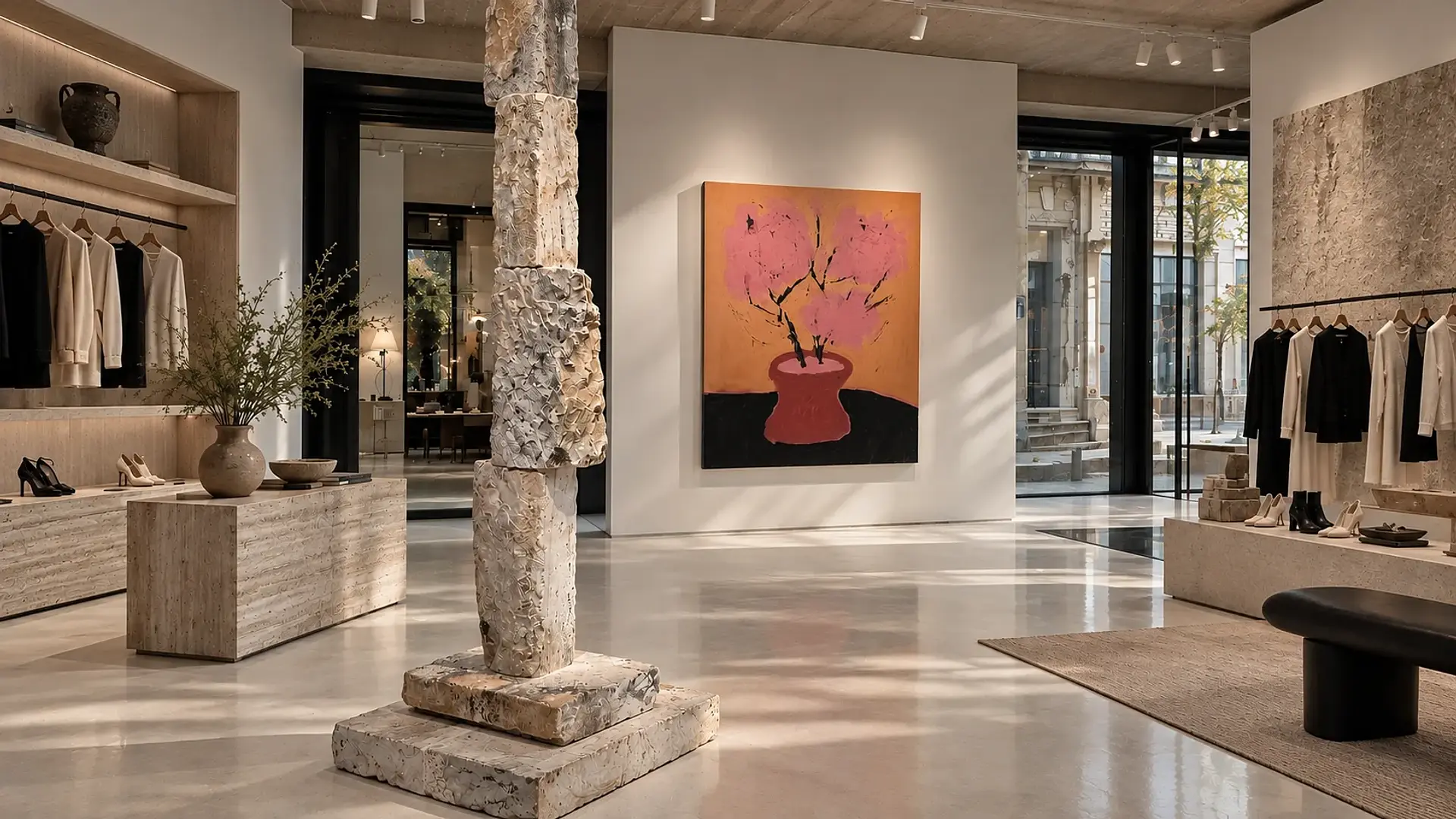 Luxury retail interior combining minimalist clothing displays, sculptural stone architecture, and contemporary art