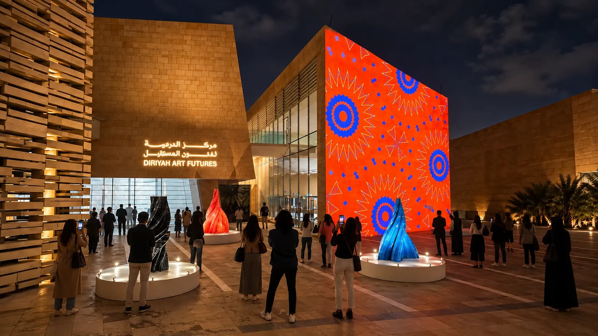 Visitors photograph illuminated contemporary sculptures in front of a vibrant geometric projection at an outdoor cultural venue