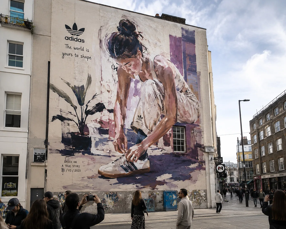 Large-scale hand-painted out of home advertising mural on a European urban building wall, showing visible artistic craft and brushwork