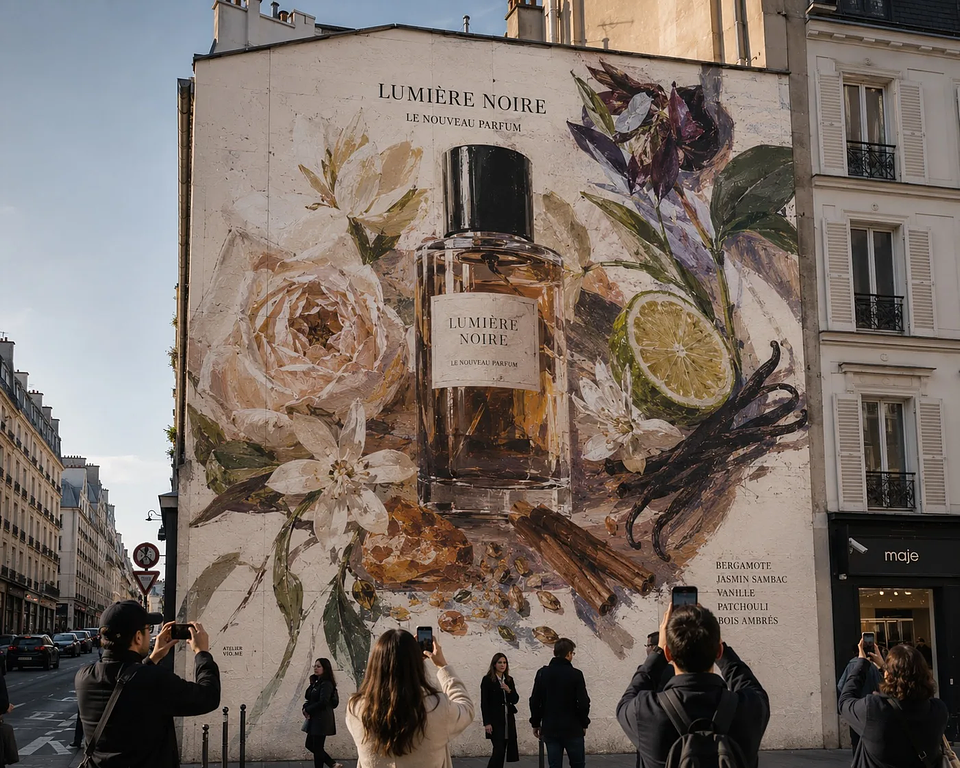 Pedestrians photographing an artist-led outdoor brand experience mural installation in a European city