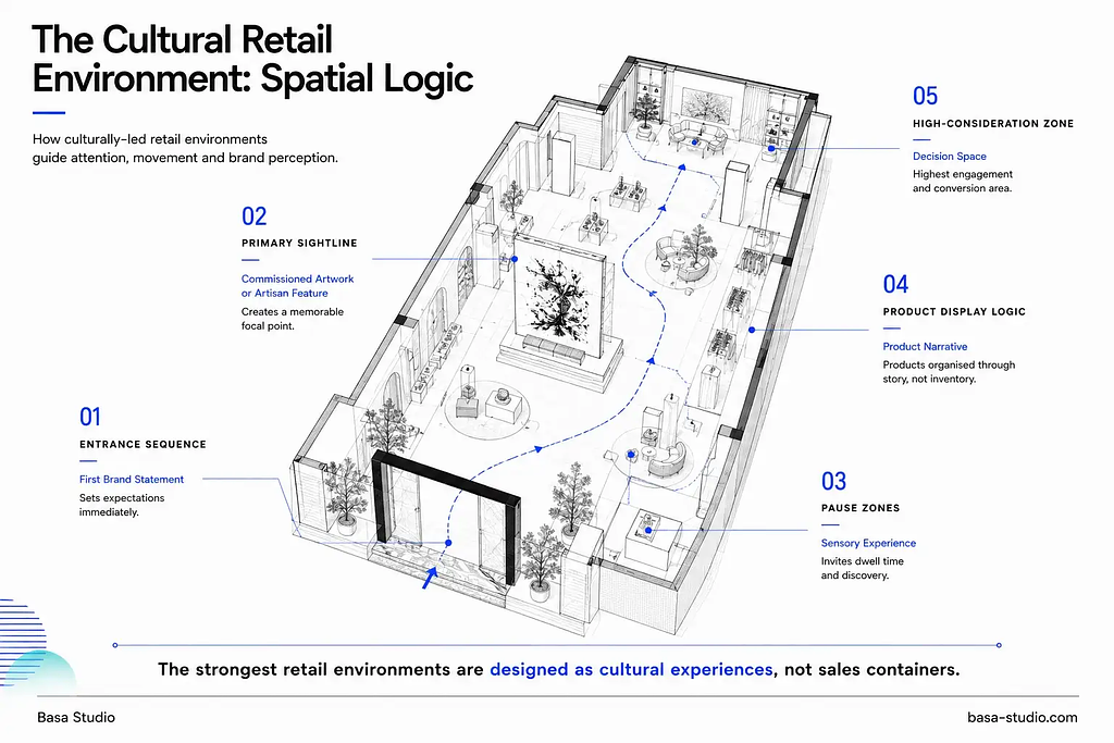 Isometric retail floor plan illustrating customer flow, artwork placement, product displays, pause zones, and high-consideration areas in a culturally designed retail environment