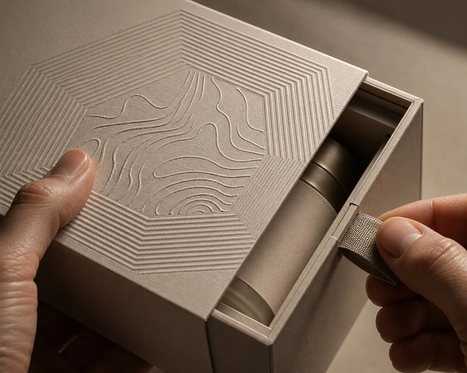 Hands opening premium product packaging with embossed texture and ribbon pull, illustrating artisan product design