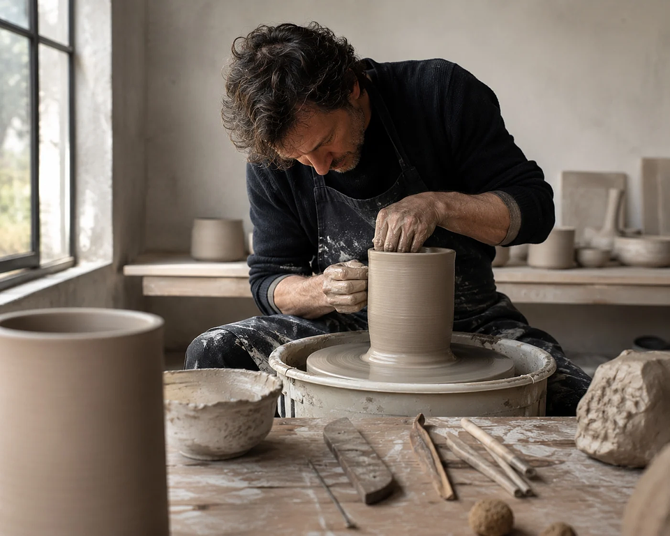 Artisan hands shaping ceramic on a wheel — representing artisan product design and handcraft involvement in brand packaging