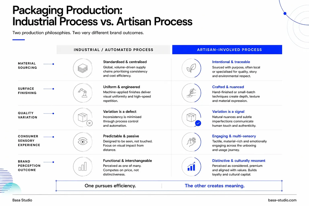 Infographic comparing industrial and artisan packaging production across five factors, from material sourcing to brand perception