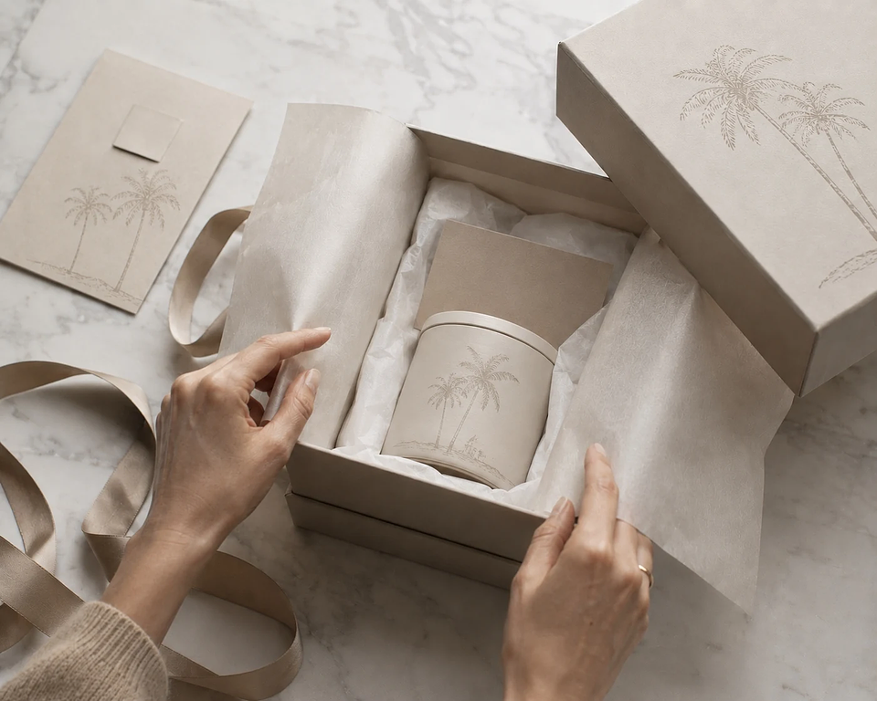 Luxury product unboxing moment showing premium packaging design with tissue and ribbon — illustrating the product brand experience at point of first touch