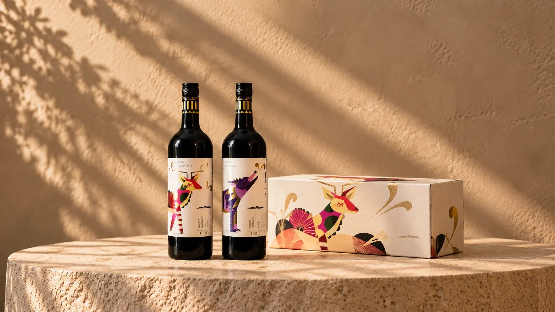Two wine bottles with colorful illustrated labels beside a matching gift box, showcasing distinctive product and packaging design