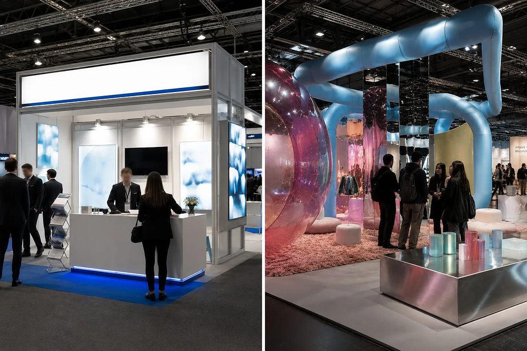 Side-by-side comparison of conventional trade show booth design versus cultural exhibition stand design