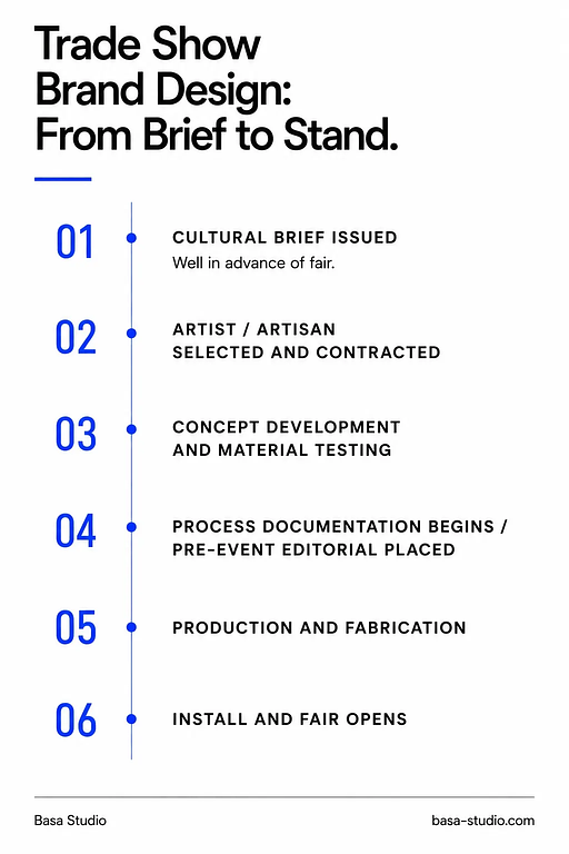 Timeline infographic showing trade show brand design process from cultural brief to fair opening — six key milestones
