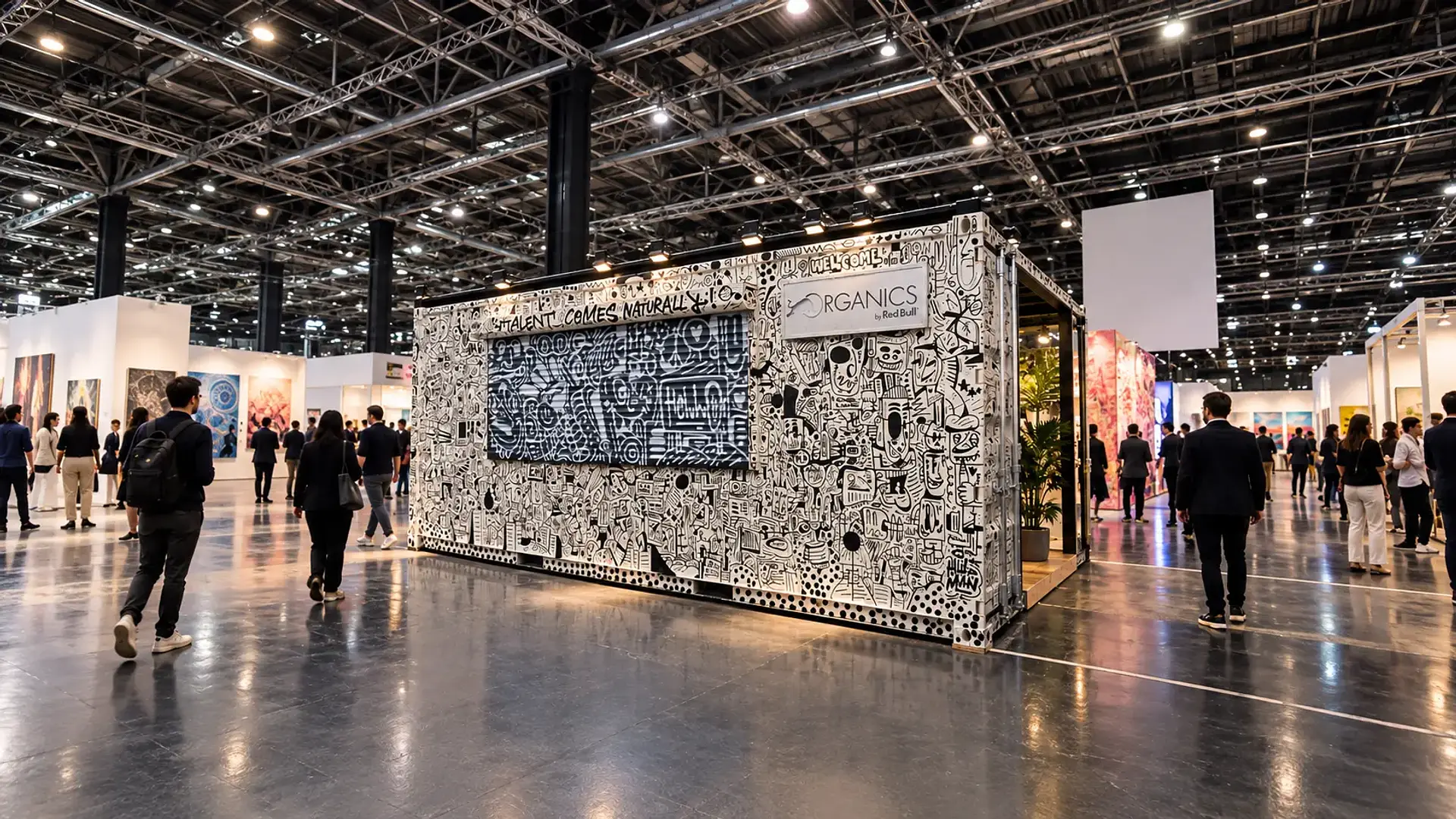 Exhibition stand featuring bold black-and-white illustrations at a trade fair