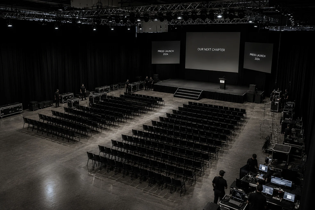 Standard product launch venue setup illustrating the formula problem in brand launch event design