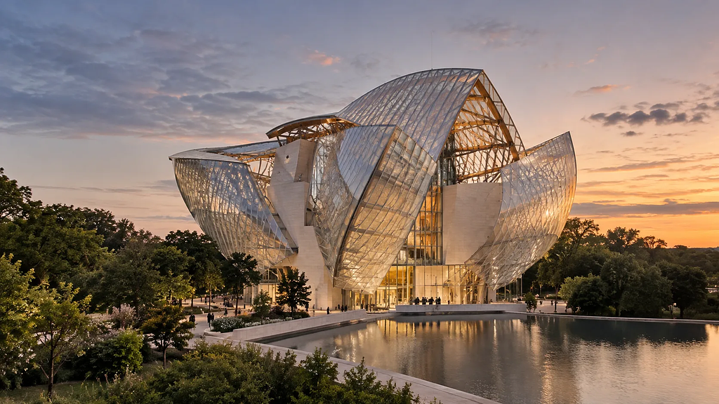 A brand destination building designed as a permanent cultural landmark, embedded in its surrounding landscape at dusk
