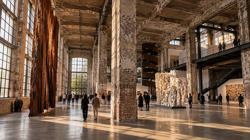 Interior of a brand cultural destination built inside a converted industrial building, combining heritage architecture with contemporary art programming