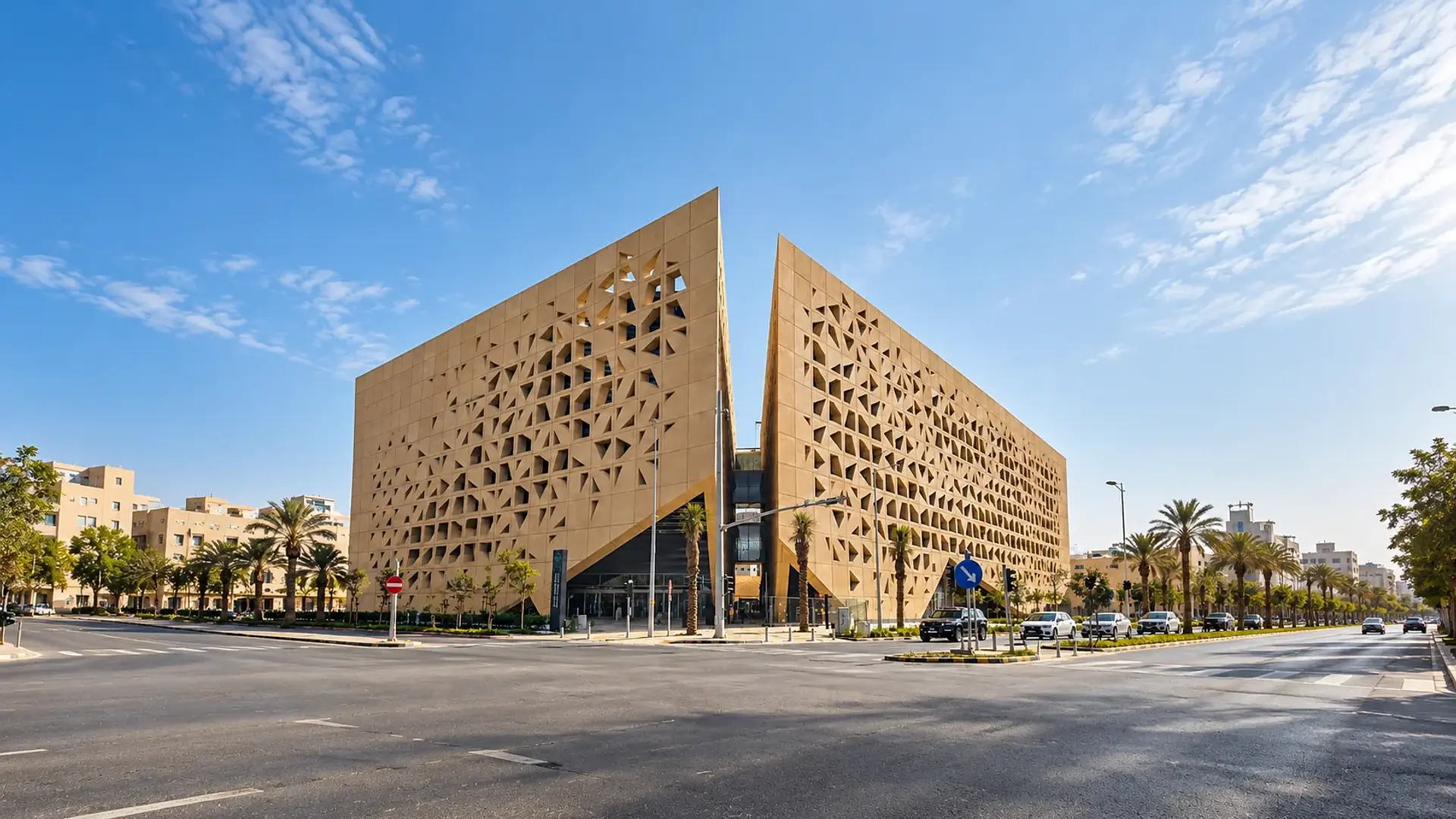 Contemporary architectural landmark with geometric sand-colored façades and a distinctive urban setting