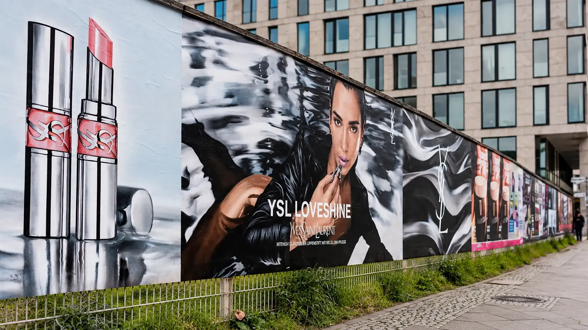 YSL LOVESHINE lipstick mural in an urban street in Berlin.
