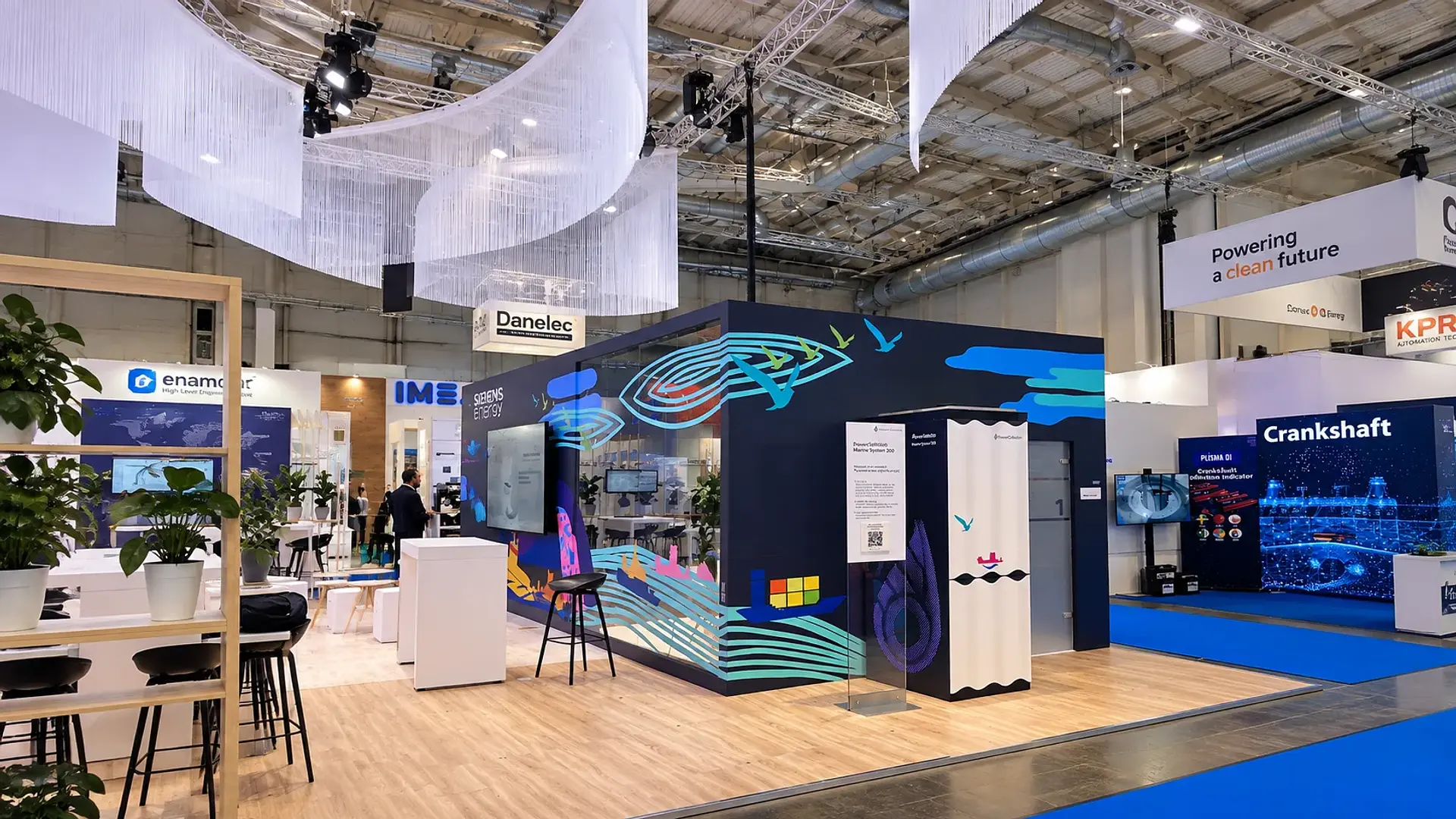 Siemens Energy’s exhibition stand at SMM Hamburg 2024 featuring a colorful maritime-themed tape art installation by TAPE OVER