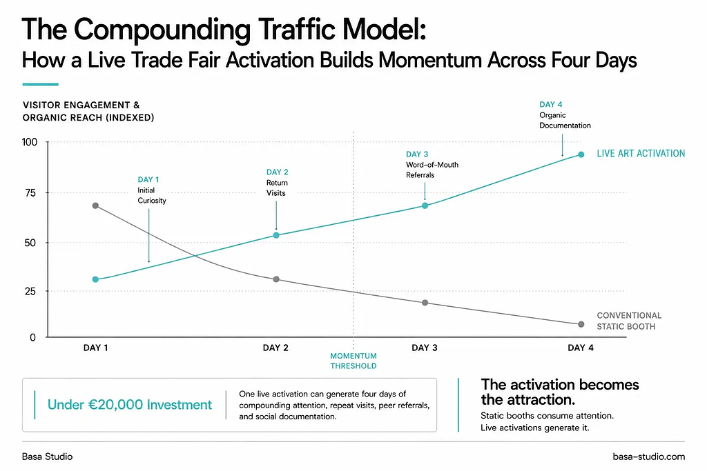 Infographic comparing visitor engagement and organic reach over four days for a live trade fair activation versus a conventional static booth