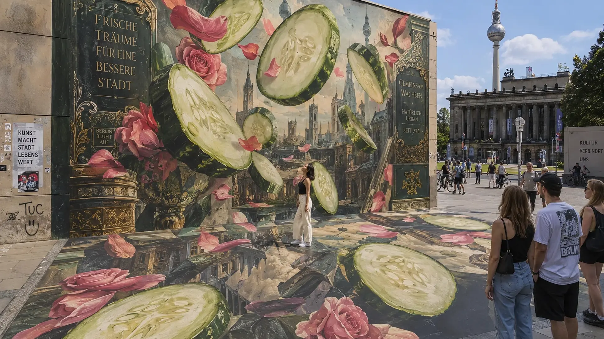 Brand activation concept in Berlin with visitors interacting with 3D floor and wall art featuring cucumber slices and rose petals. 