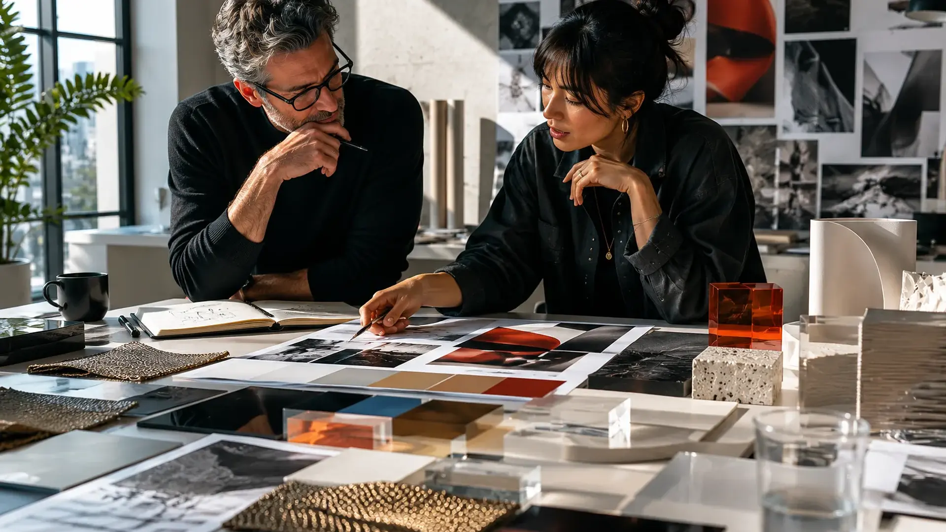 brand strategist and artisan collaborator reviewing creative materials together